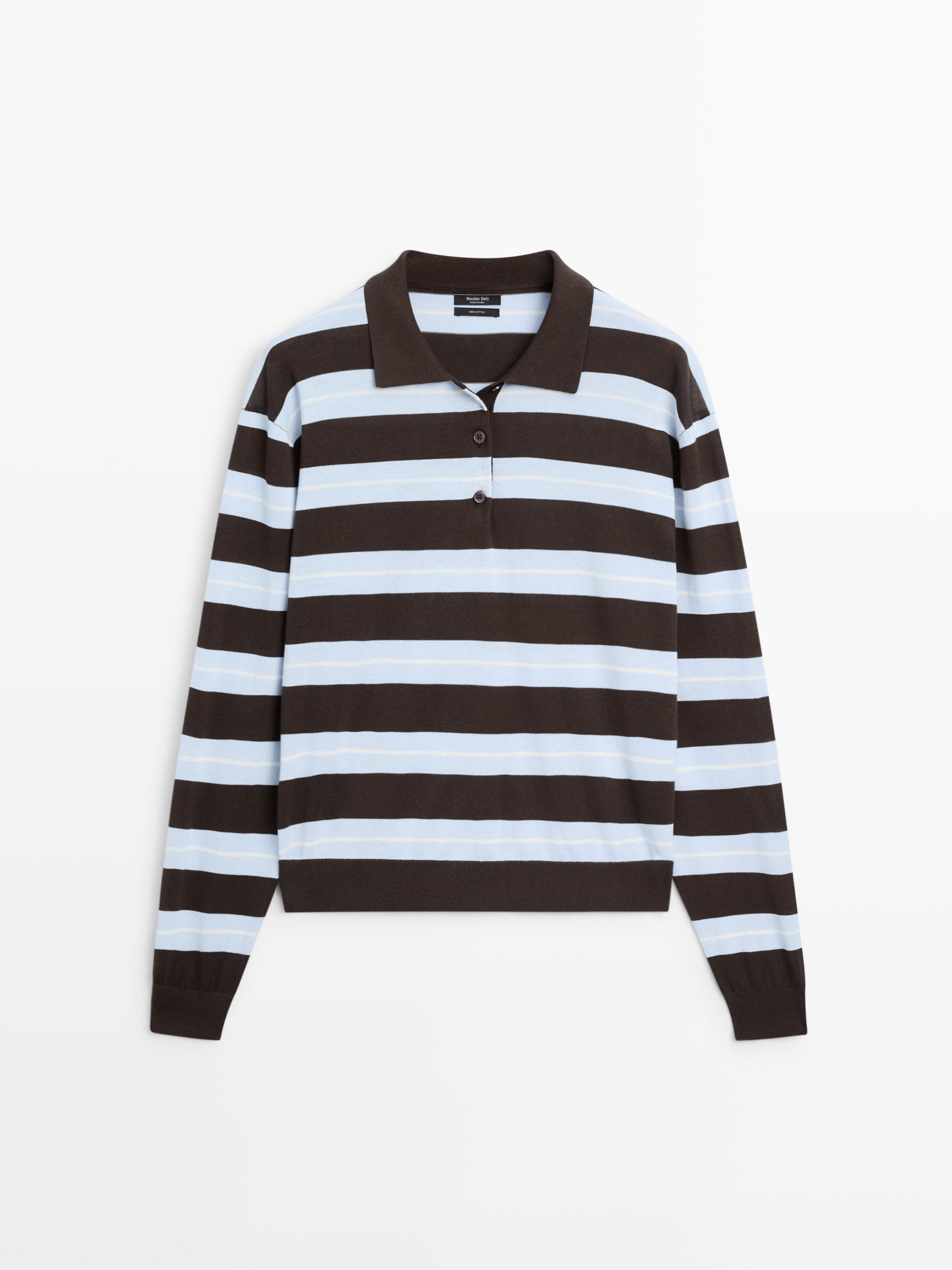 Cotton striped knit polo sweater
